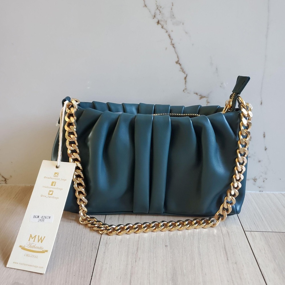 Madison West Shoulder Bag Womens Small Teal Green Pleated Faux Leather Chain